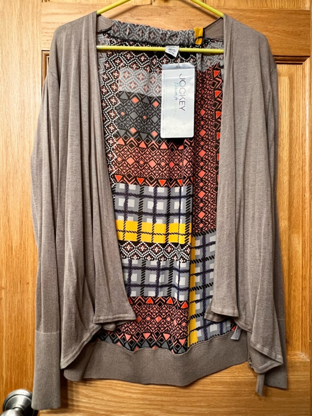 Jockey Taupe Open-Front Cardigan with Multicolor Patterned Back